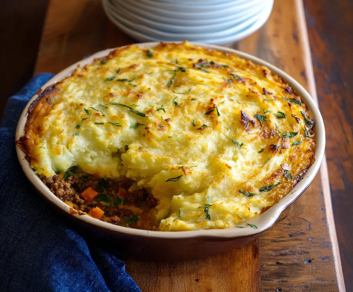 Delicious Irish Shepherd's Pie topped with mashed potatoes and savory ground meat.