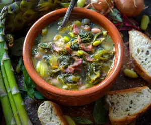 Fresh Italian Spring Soup from Tuscany with vibrant vegetables and herbs in a rustic bowl.