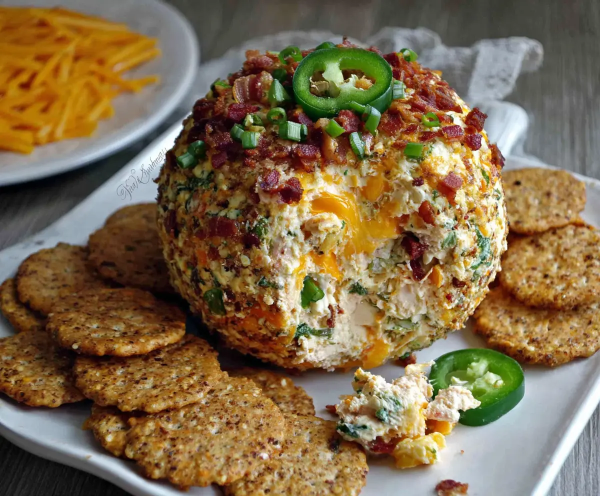 Delicious jalapeno popper cheese ball garnished with herbs, perfect for parties and appetizers