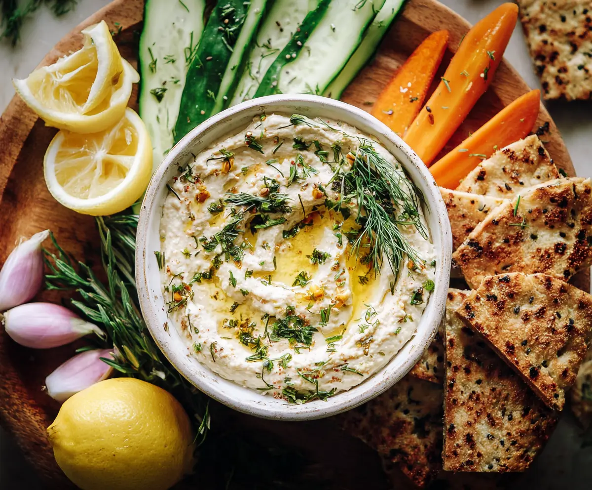 Delicious Lemon and Herb White Bean Dip served with fresh vegetables on a wooden platter