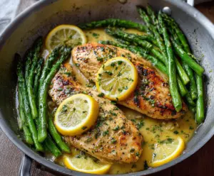 Succulent Lemon Butter Garlic Chicken served with fresh asparagus on a plate.