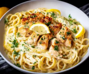 Creamy Lemon Chicken Pasta with fresh herbs and a zesty citrus sauce.