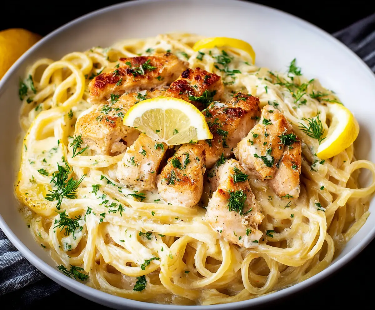Creamy Lemon Chicken Pasta with fresh herbs and a zesty citrus sauce.