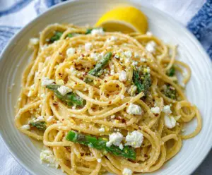 Picture of Lemon Feta Pasta with fresh lemon slices and crumbled feta cheese on top.