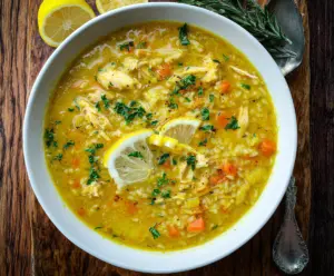 A bowl of Lemon Ginger Turmeric Chicken and Rice Soup garnished with fresh herbs and lemon slices.