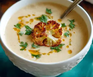Creamy Mediterranean cauliflower soup garnished with fresh herbs and olive oil in a rustic bowl.