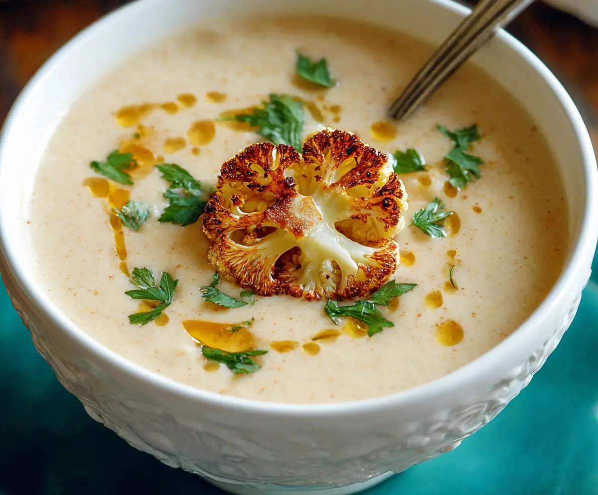 Creamy Mediterranean cauliflower soup garnished with fresh herbs and olive oil in a rustic bowl.