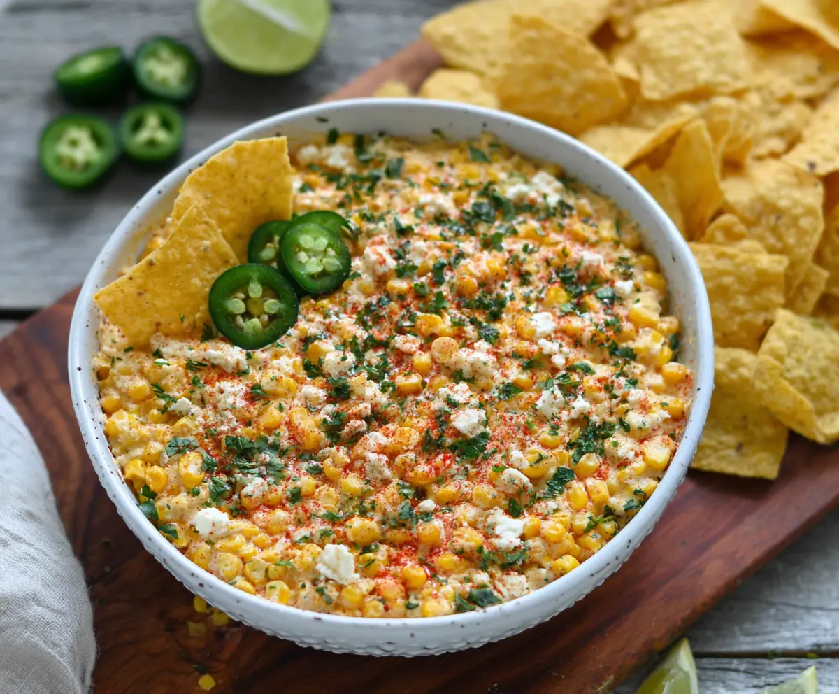 Delicious Mexican Corn Dip with cheese, spices, and fresh herbs in a serving bowl.
