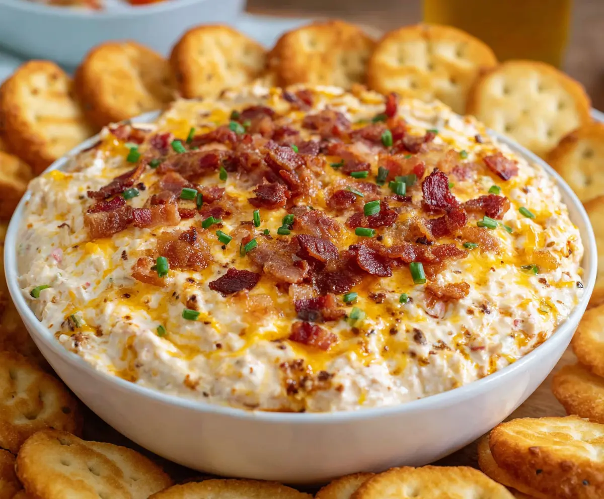 Delicious million dollar dip with crispy bacon and melted cheese served in a bowl.