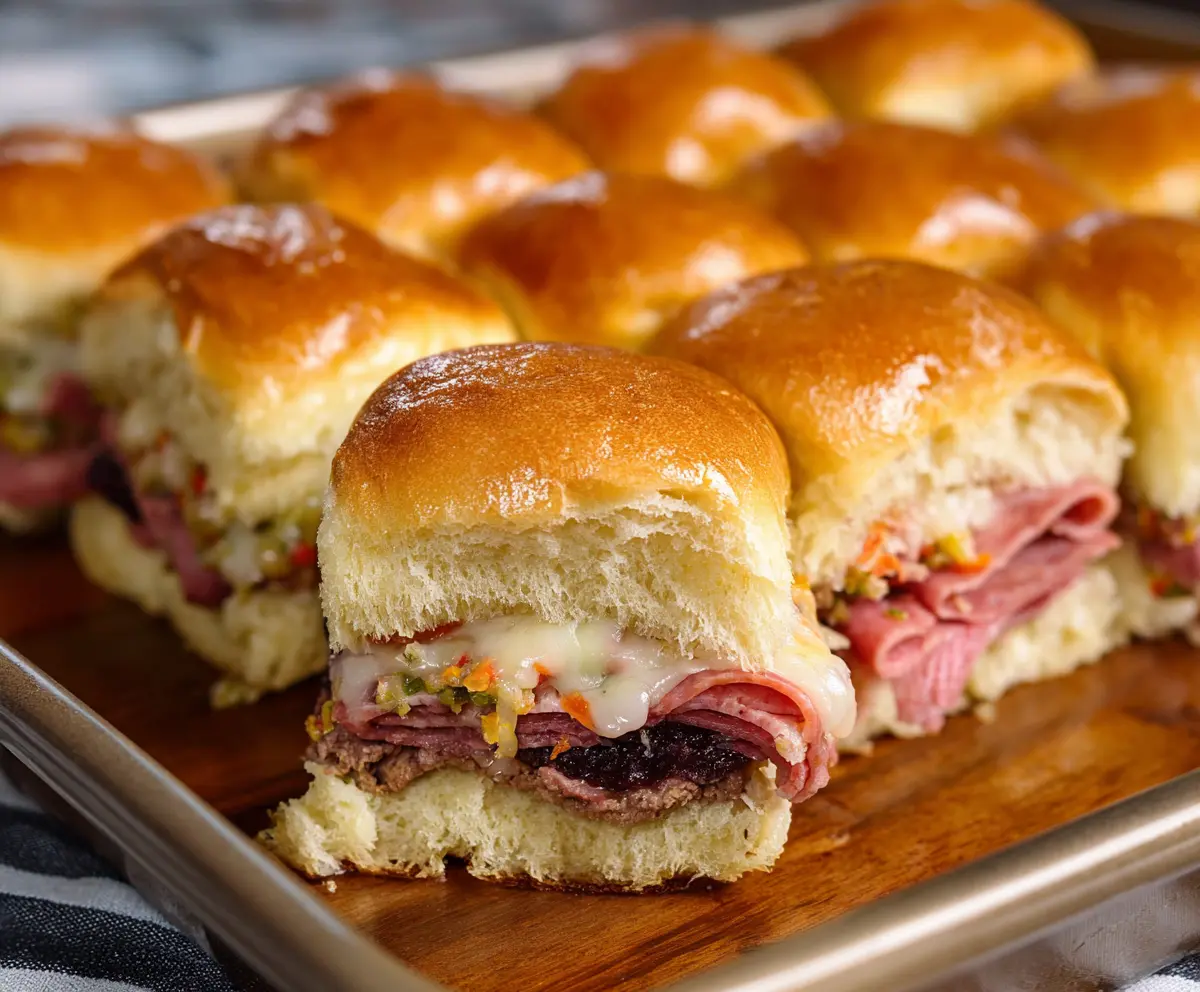 Delicious Muffuletta Sliders with layers of Italian meats, cheese, and olives on a platter.