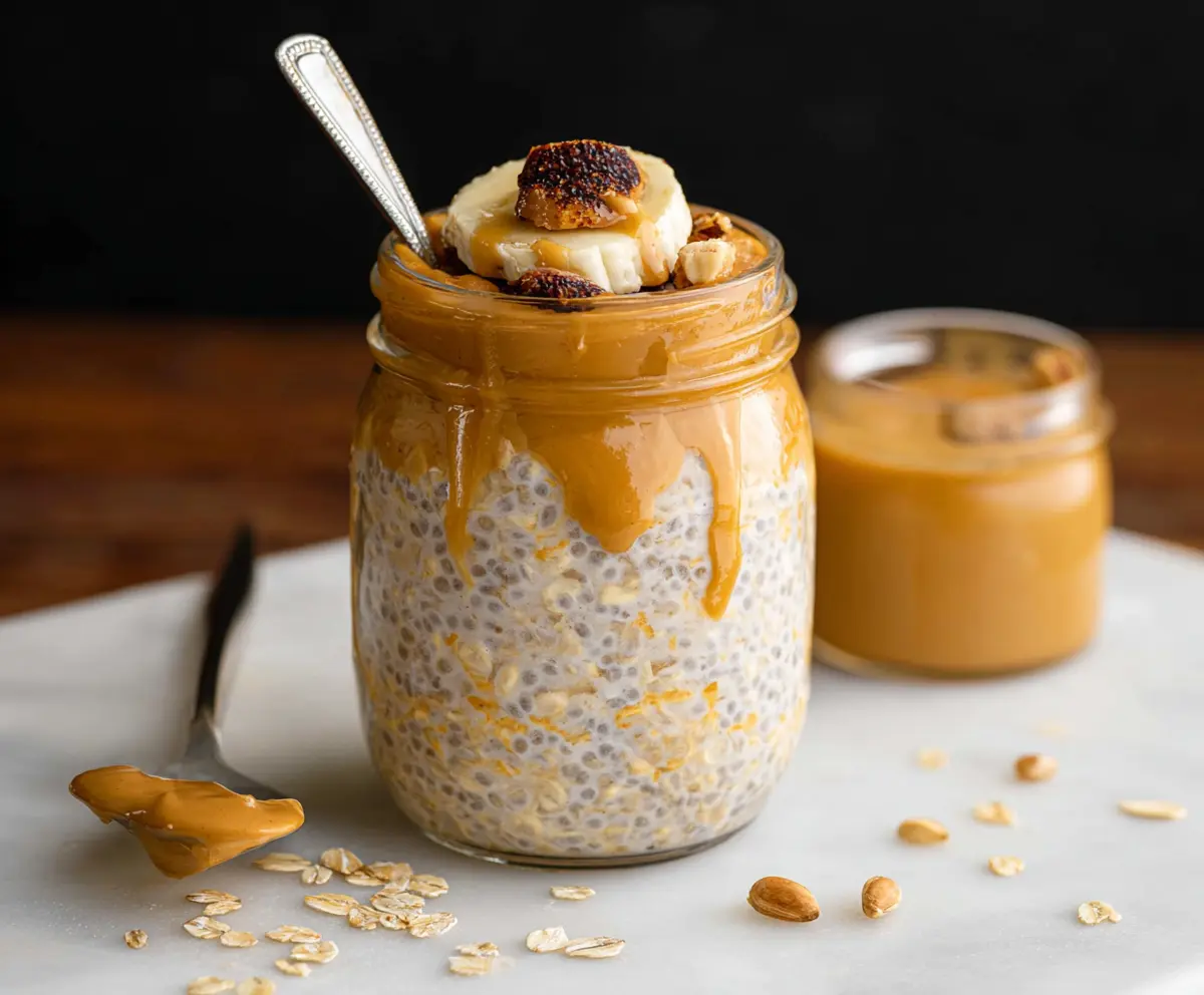 Creamy overnight oats topped with peanut butter and fresh berries for a healthy breakfast.