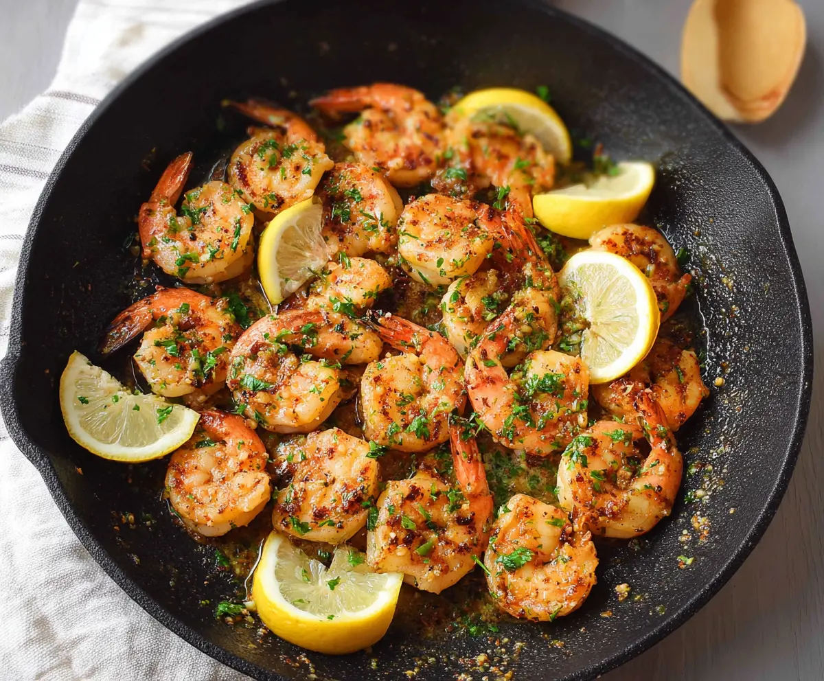 Delicious pan-seared lemon garlic shrimp served on a white plate with fresh herbs