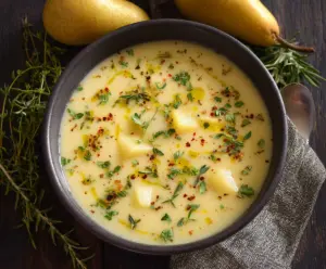Creamy pear potato soup garnished with fresh pears and herbs in a rustic bowl.