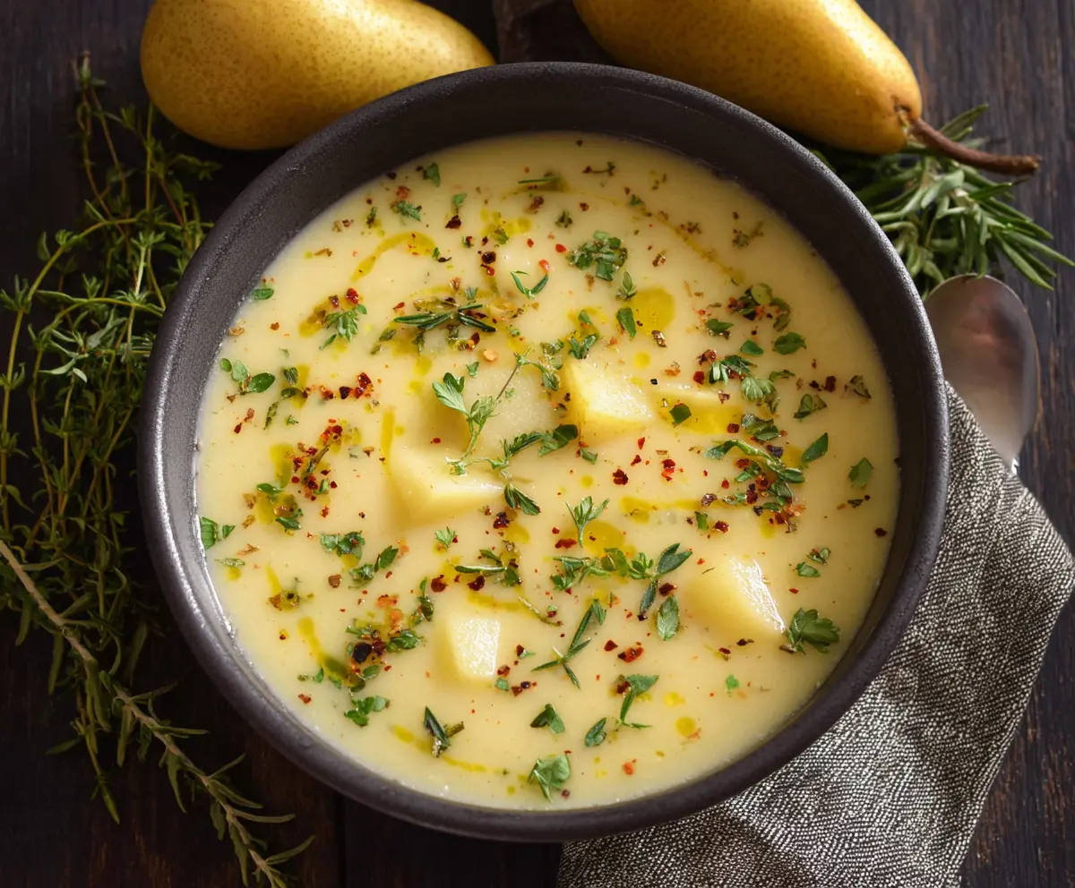 Creamy pear potato soup garnished with fresh pears and herbs in a rustic bowl.