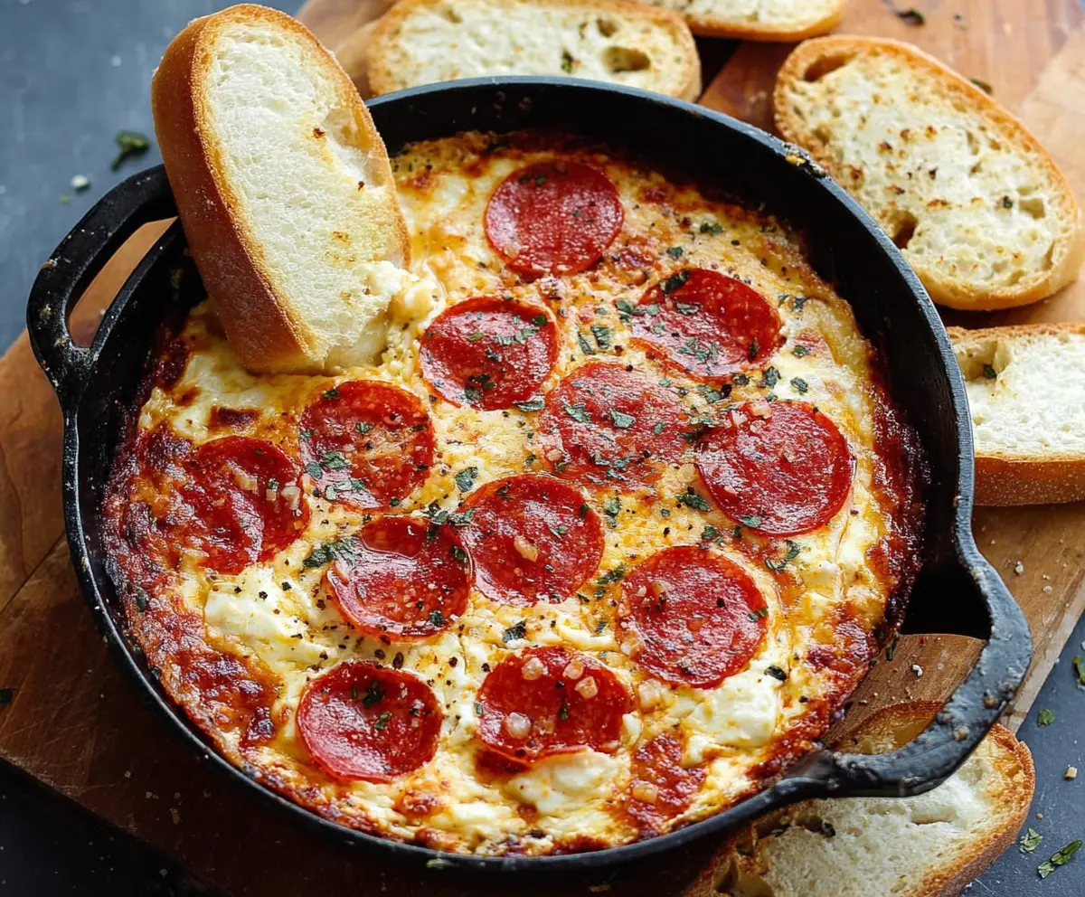 Delicious pepperoni and cream cheese pizza dip served in a bowl with crispy crust around.
