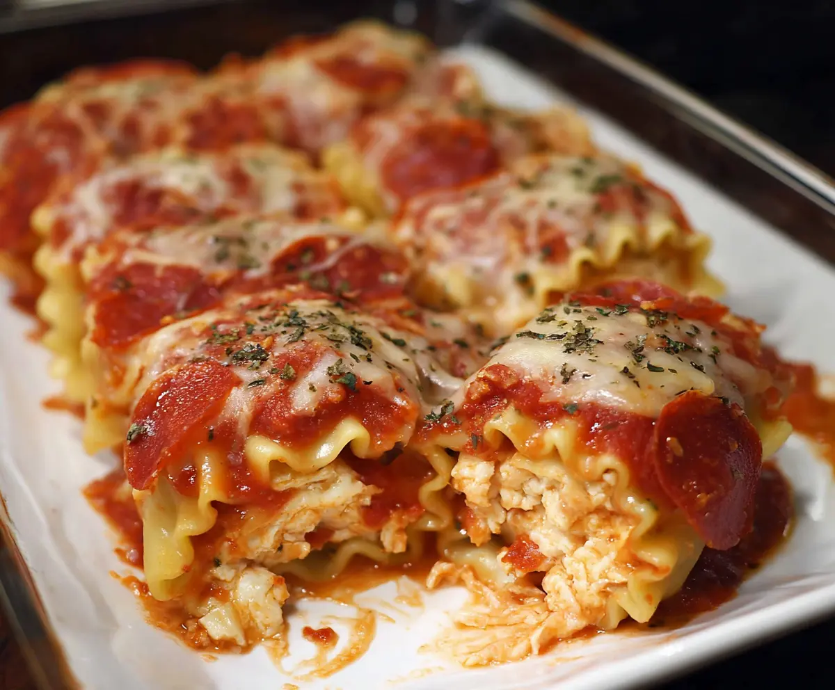 Delicious Pepperoni Pizza Lasagna Roll Ups with melted cheese and golden crust.