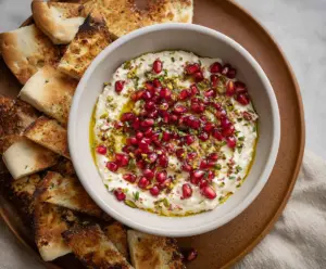 Creamy pomegranate pistachio feta dip served with fresh vegetables and crackers.