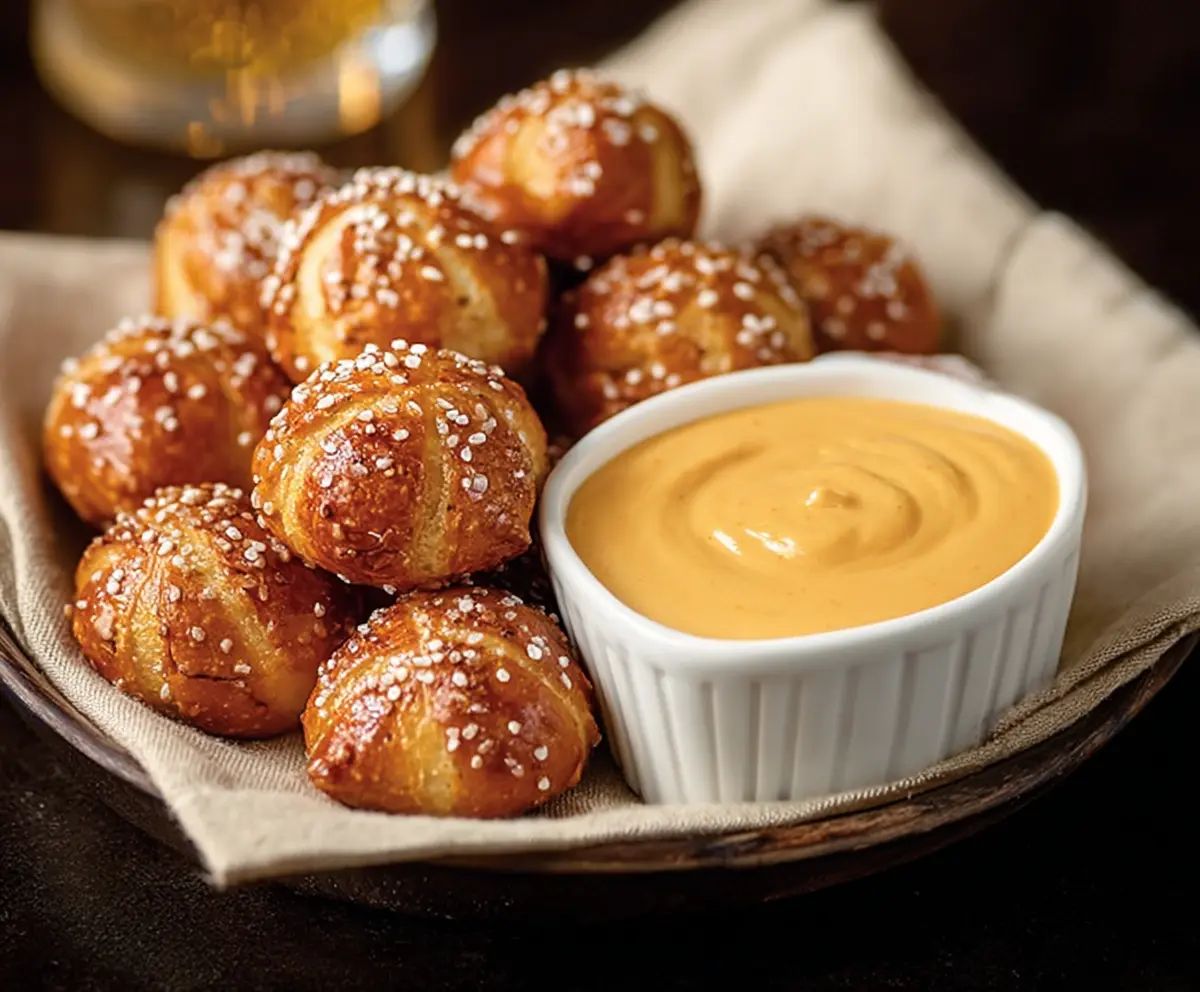 Plate of golden pretzel bites served with a bowl of creamy beer cheese dip