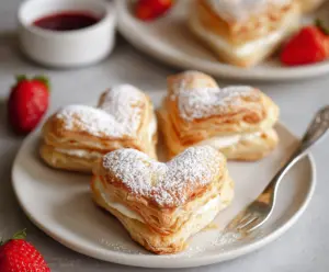Delicious puff pastry hearts filled with sweet fruit jam, perfect for a charming snack or dessert.