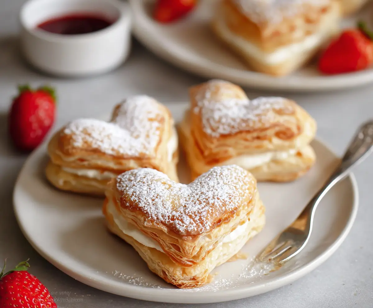 Delicious puff pastry hearts filled with sweet fruit jam, perfect for a charming snack or dessert.