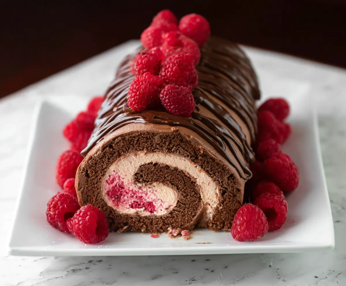 Delicious raspberry and chocolate Swiss roll, expertly rolled with fresh raspberries and rich chocolate sponge.