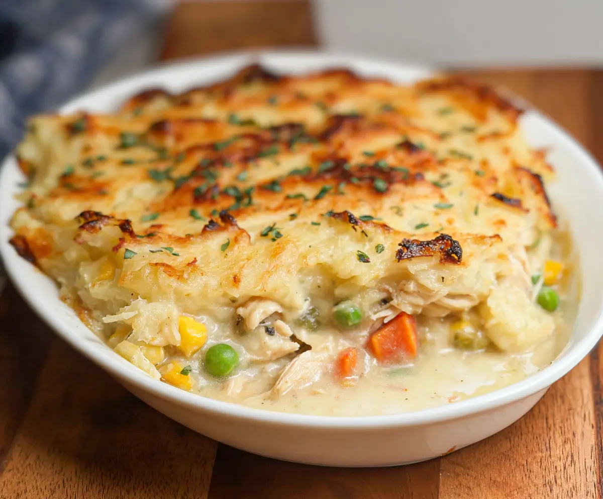 Delicious rotisserie chicken shepherd's pie with golden mashed potatoes and savory filling.