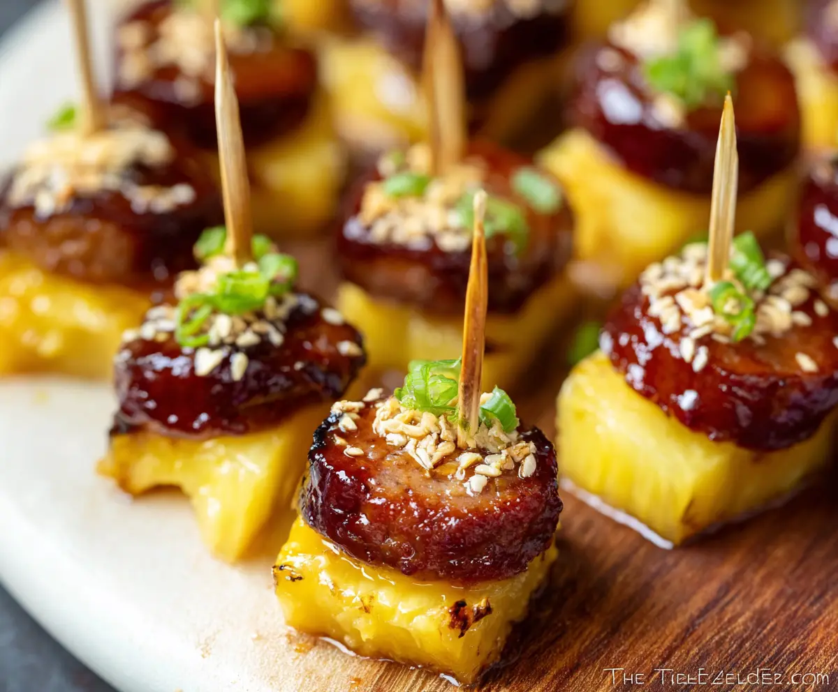 Delicious Sausage Pineapple Bites on a platter, perfect for appetizers and party snacks.