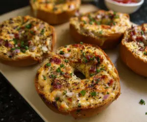 Delicious savory quiche stuffed bagels topped with cheese and herbs, perfect for breakfast or brunch.