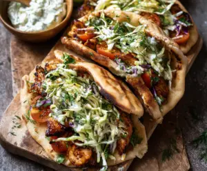 Delicious sheet pan chicken pitas topped with fresh herb ranch slaw for a healthy meal