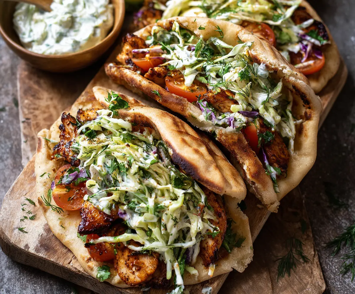 Delicious sheet pan chicken pitas topped with fresh herb ranch slaw for a healthy meal