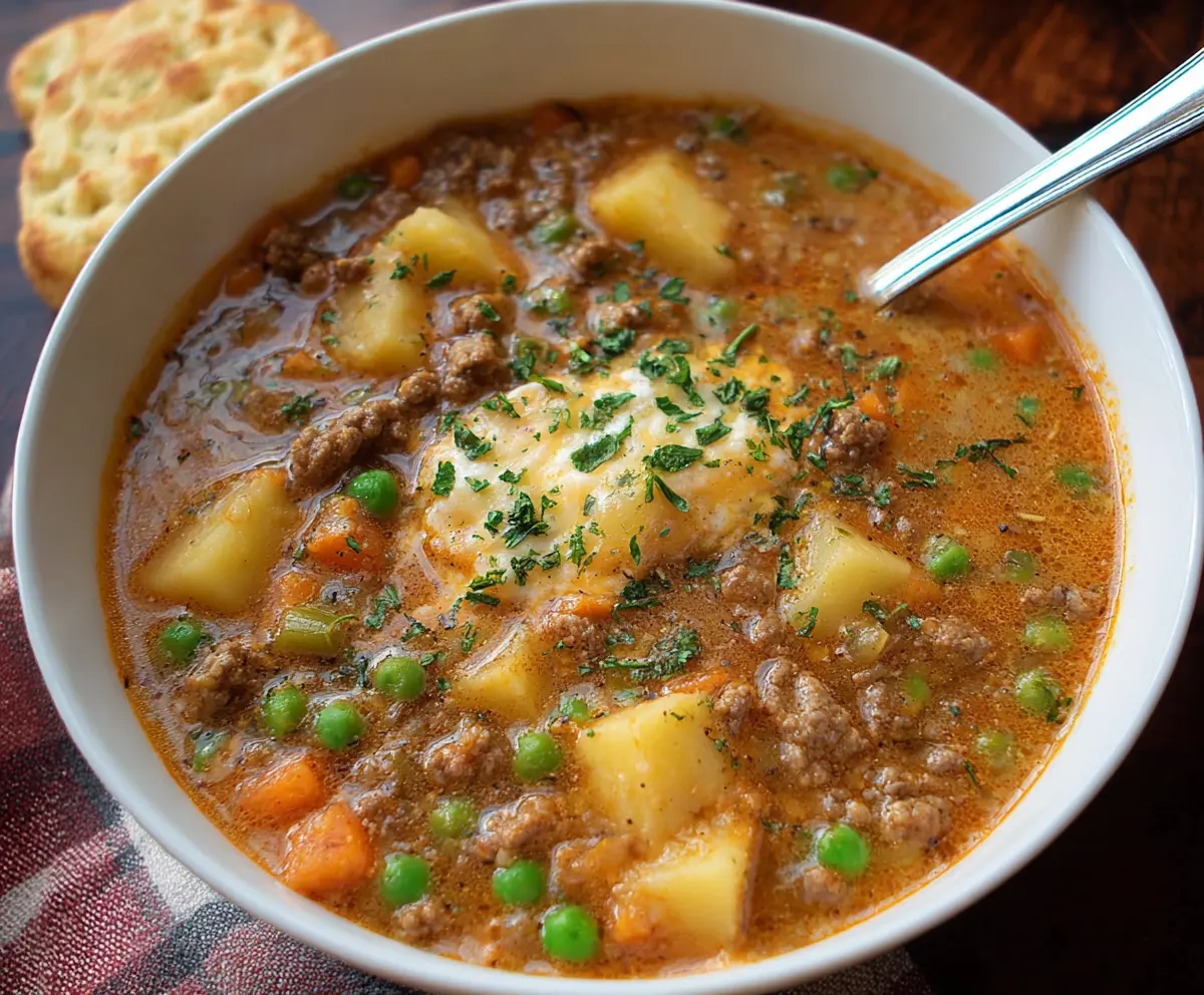 Hearty Shepherd's Pie Soup with savory ground meat, mashed potatoes, and fresh herbs in a warm bowl.