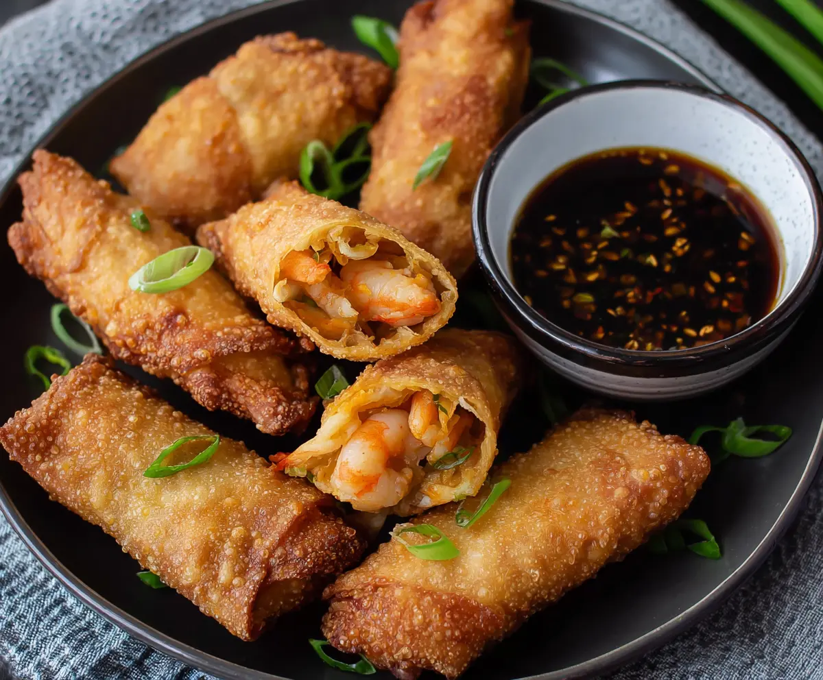Crispy shrimp egg rolls served with dipping sauce on a platter