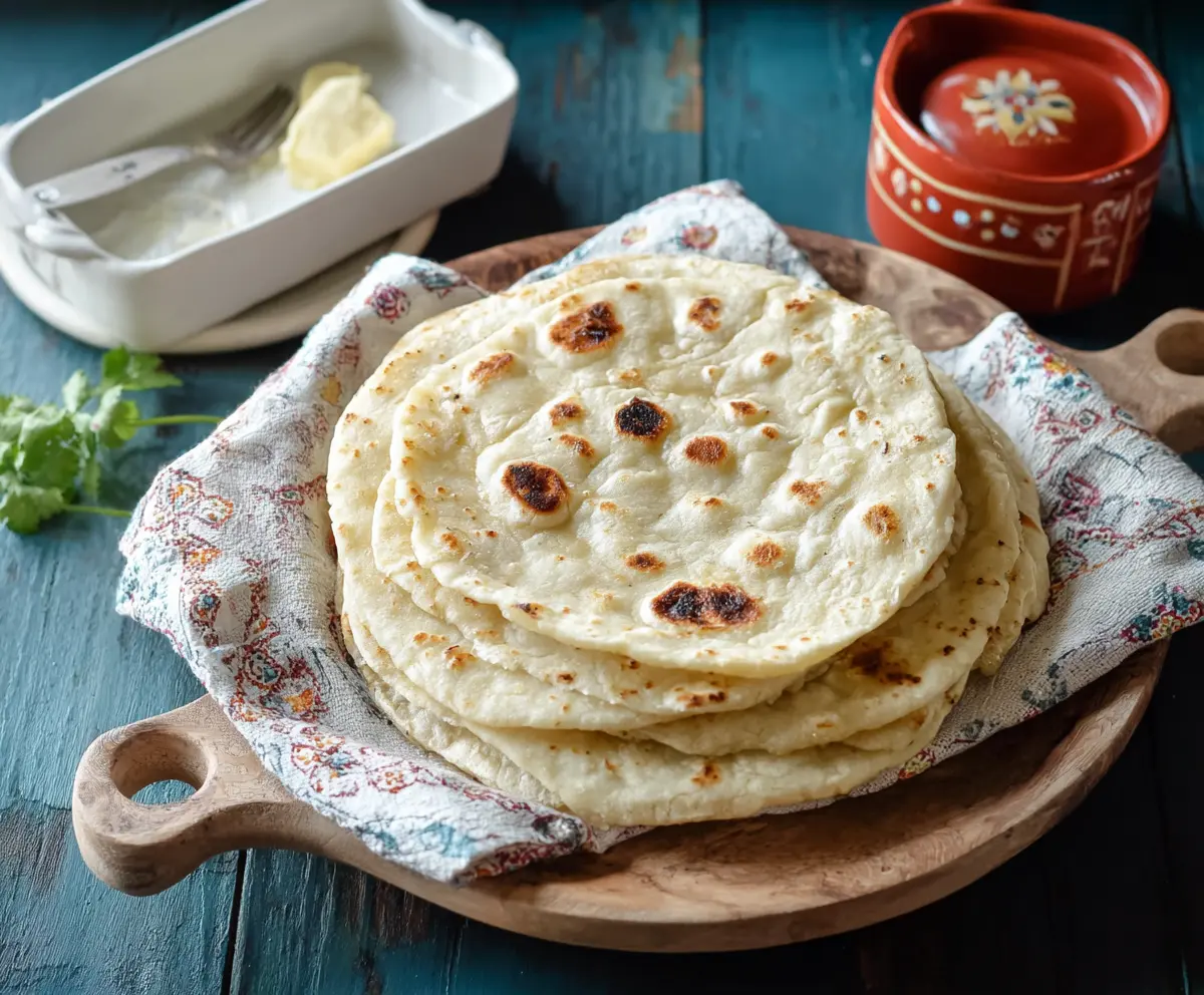 Golden sourdough butter tortillas fresh out of the skillet, perfect for serving with fillings or dips.