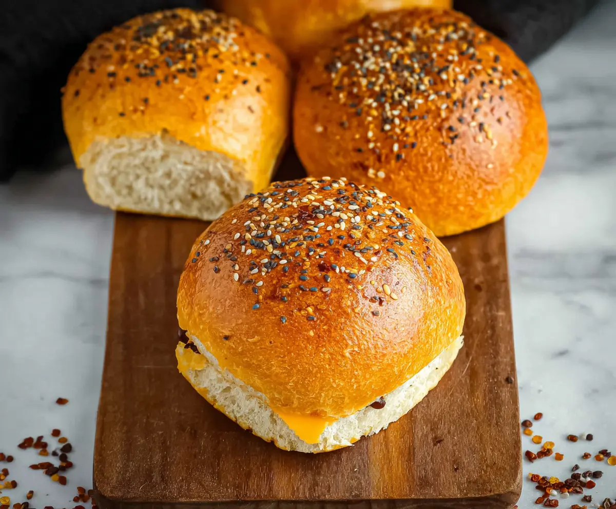 Homemade sourdough discard hamburger buns on a wooden table, golden and freshly baked.