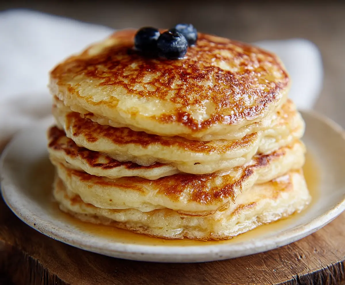 Delicious homemade sourdough discard pancakes served with fresh berries and syrup.