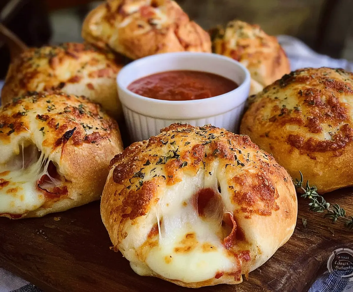 Delicious sourdough pizza bombs with melted cheese and pepperoni ready to bake.
