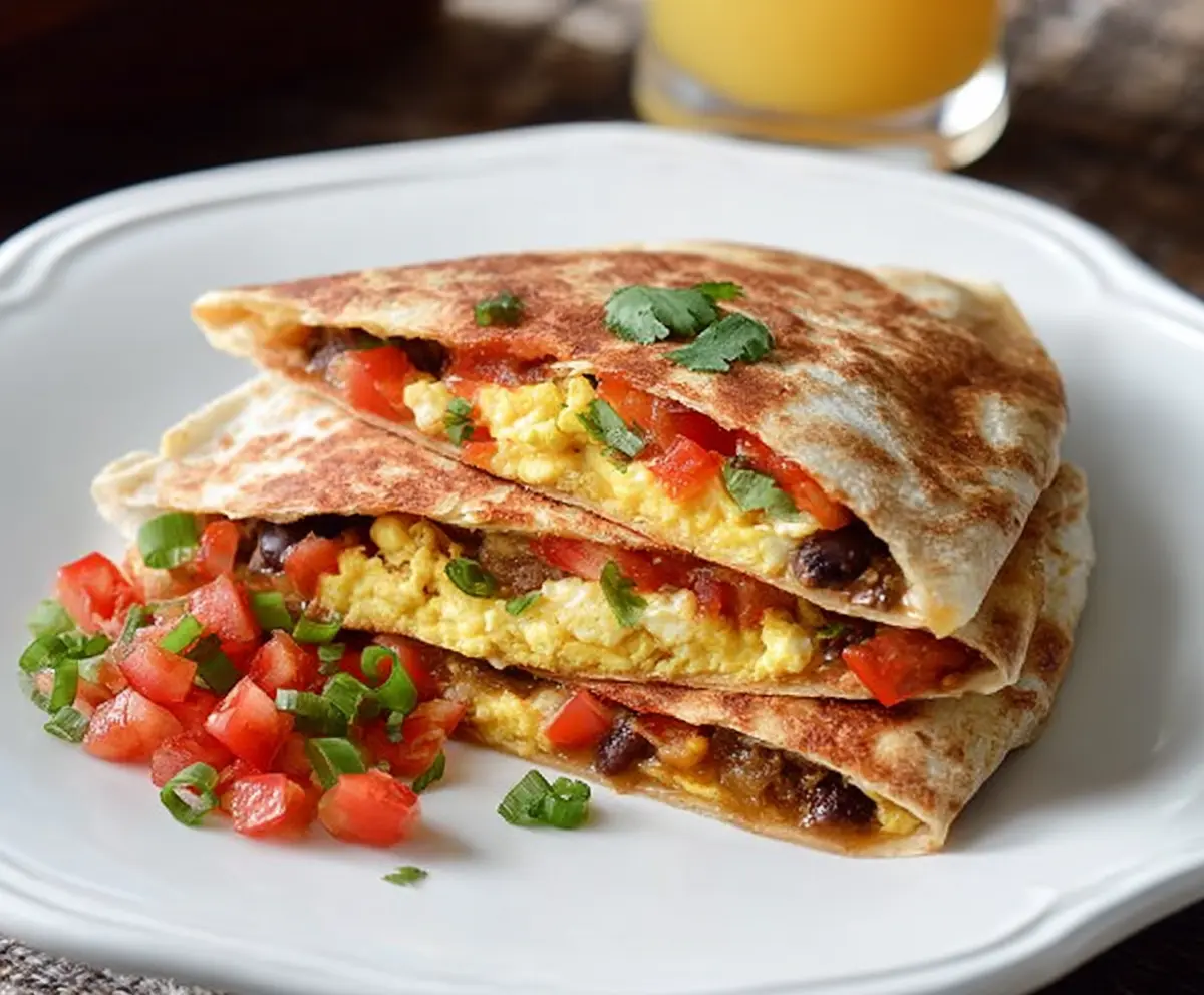 Delicious Southwest Breakfast Quesadilla filled with cheese, eggs, black beans, and peppers