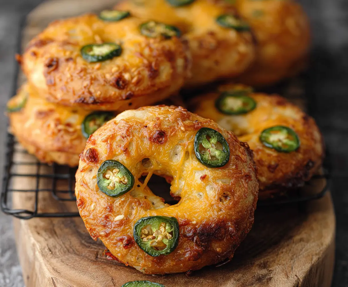 Delicious spicy jalapeño cheddar bagels with melted cheese and fresh jalapeños.