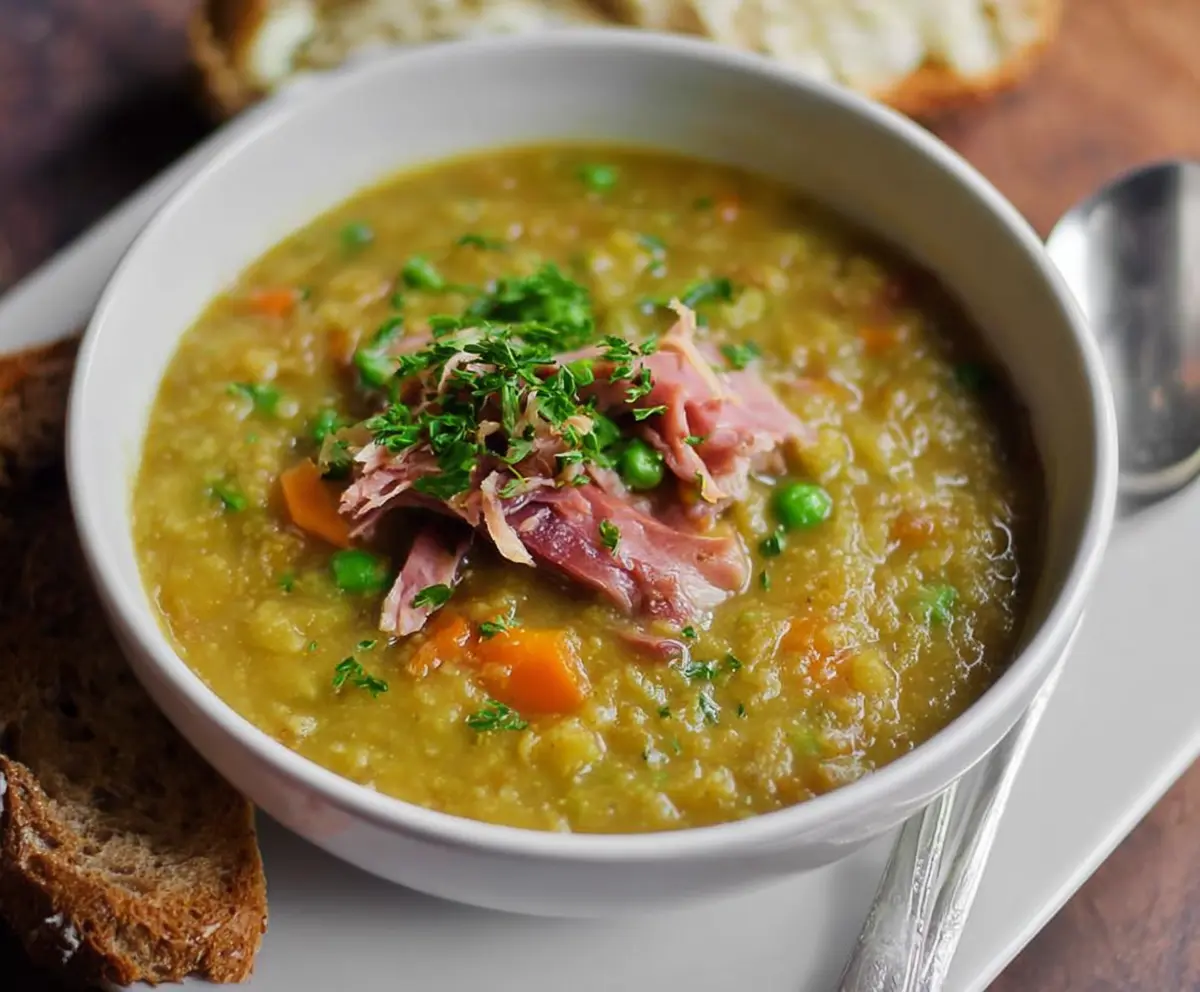 Delicious homemade split pea soup with ham bone and fresh vegetables served in a bowl.