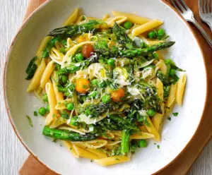 Colorful spring vegetable pasta dish with fresh asparagus, peas, and cherry tomatoes in a light Mediterranean sauce.
