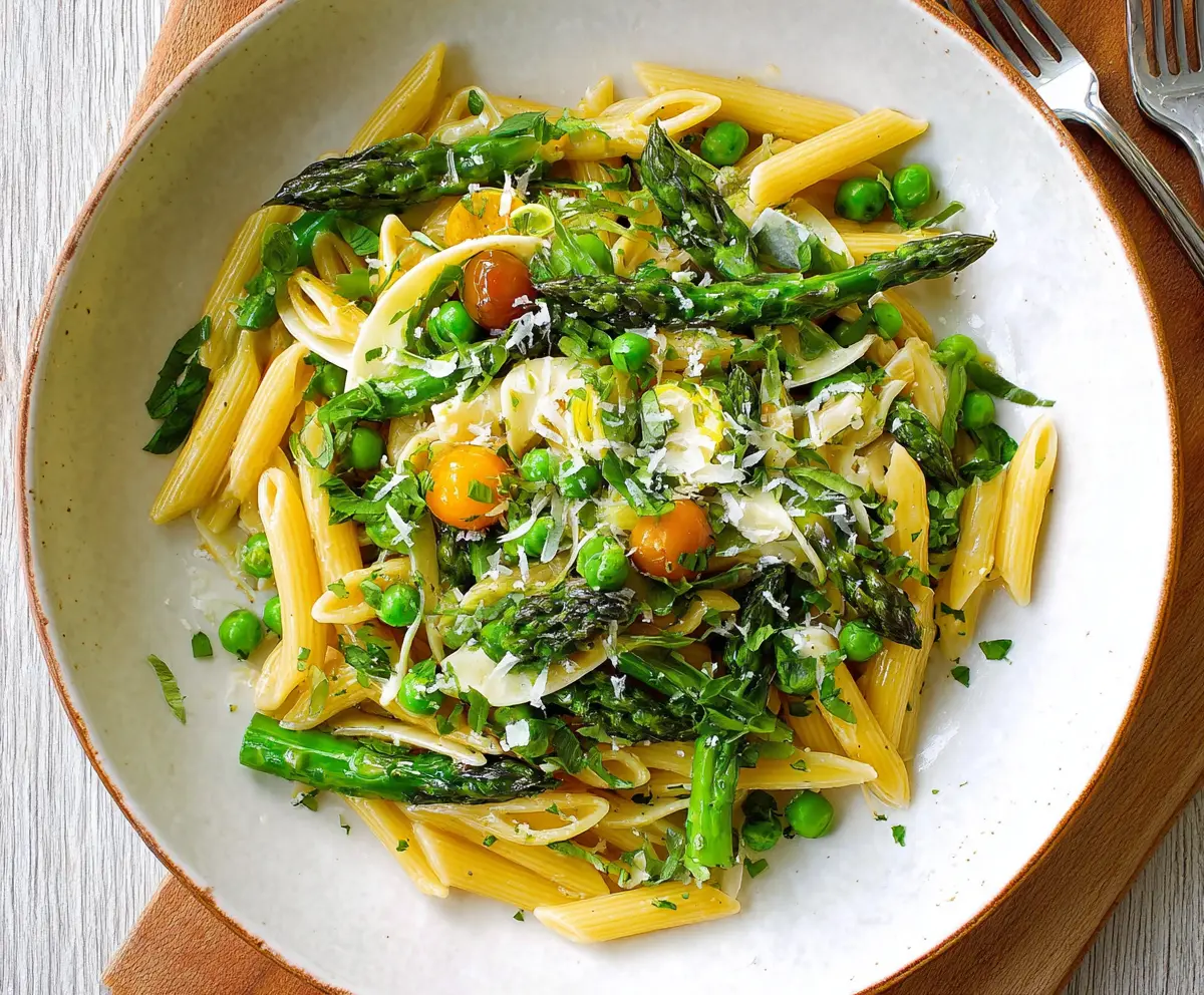 Colorful spring vegetable pasta dish with fresh asparagus, peas, and cherry tomatoes in a light Mediterranean sauce.