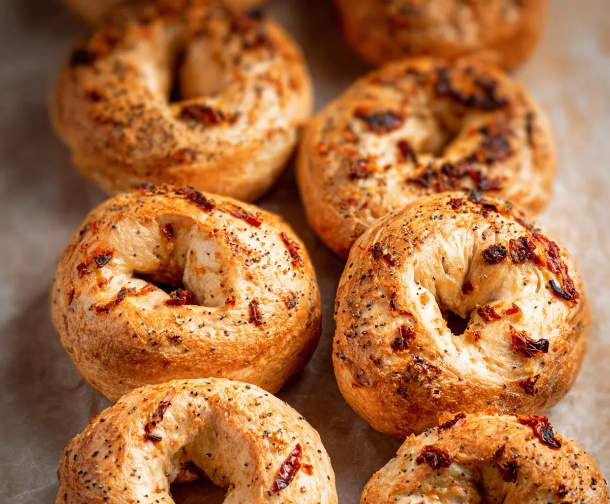 Delicious Sun-Dried Tomato Sourdough Bagels with a golden crust and chewy texture displayed on a rustic plate.