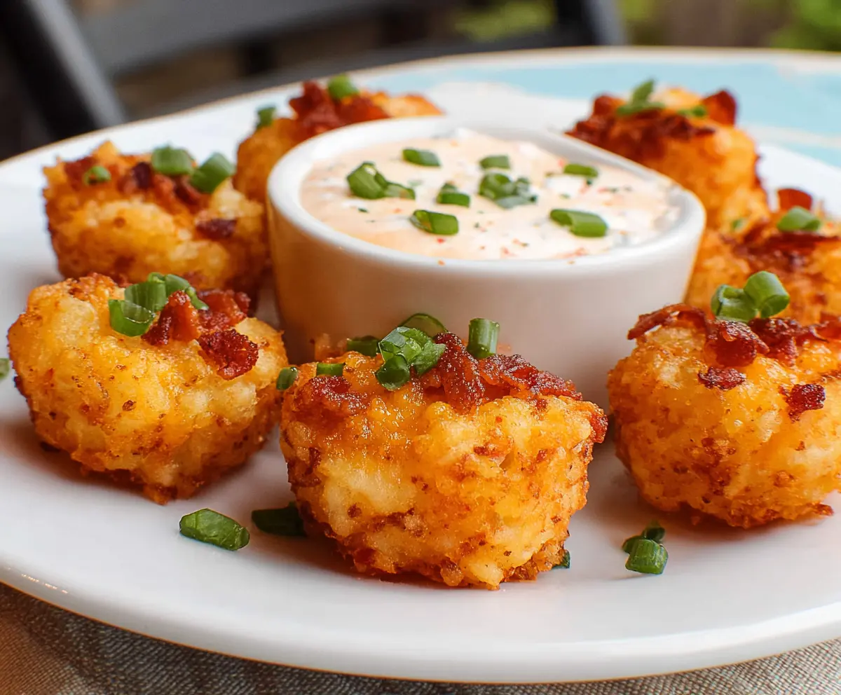 Crispy Tater Tot Bites served with dipping sauces, perfect for appetizers or snacks.