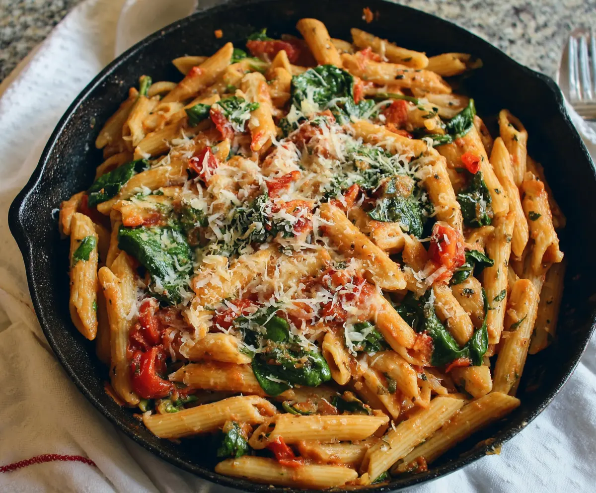 Delicious tomato spinach pasta served on a white plate with fresh basil garnish