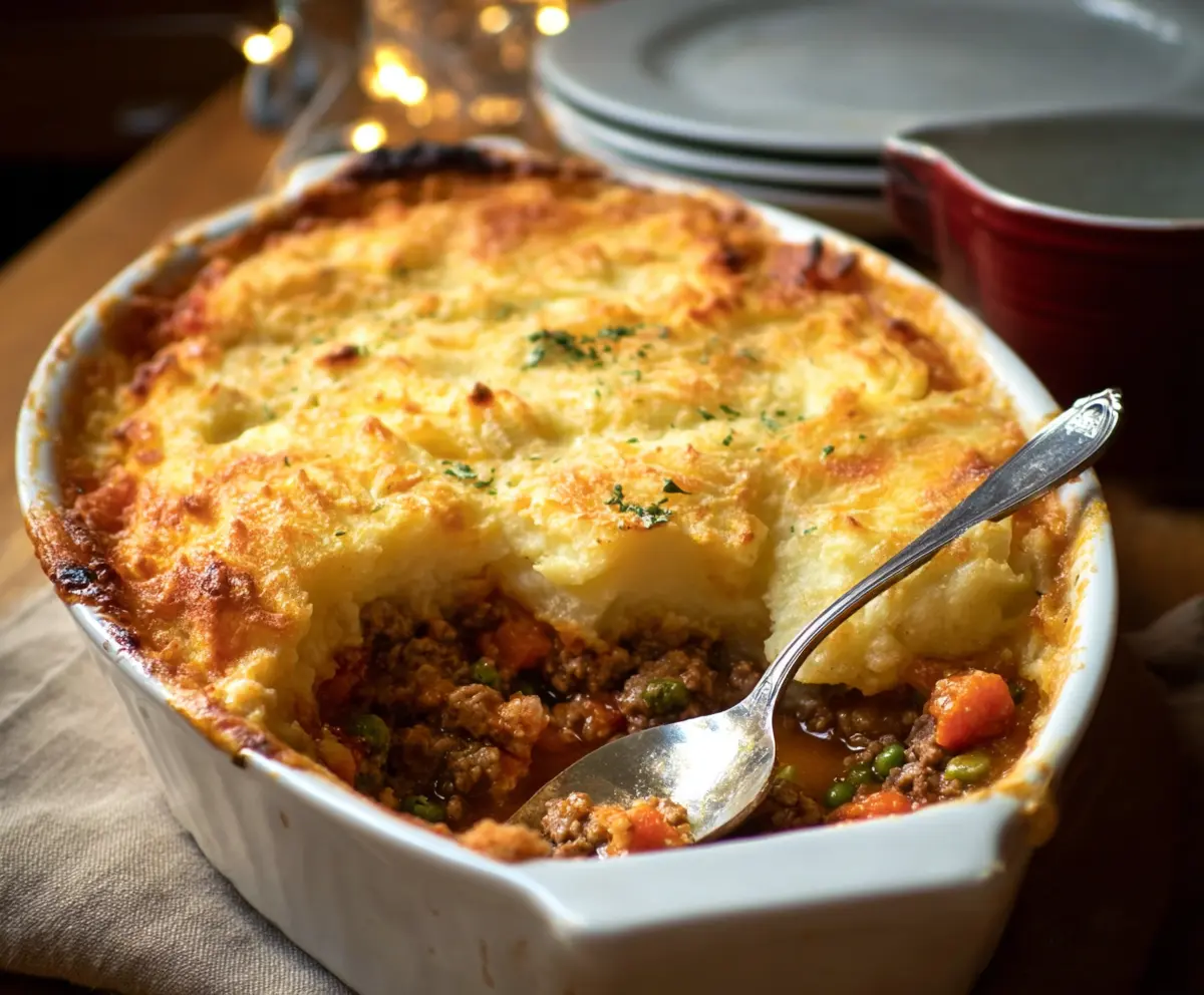 Delicious homemade Turkey Shepherd's Pie with mashed potato topping and savory turkey filling.
