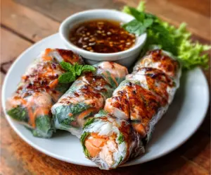 Vietnamese Baked Salmon Spring Rolls with fresh herbs and dipping sauce