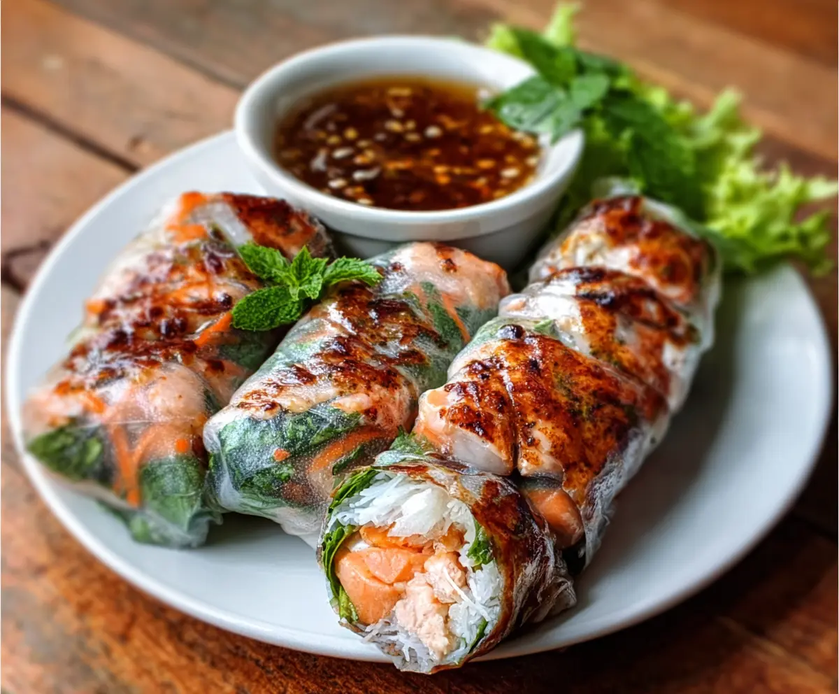 Vietnamese Baked Salmon Spring Rolls with fresh herbs and dipping sauce