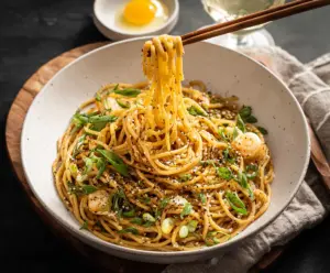 Plate of flavorful Vietnamese Garlic Noodles garnished with herbs and fried garlic.