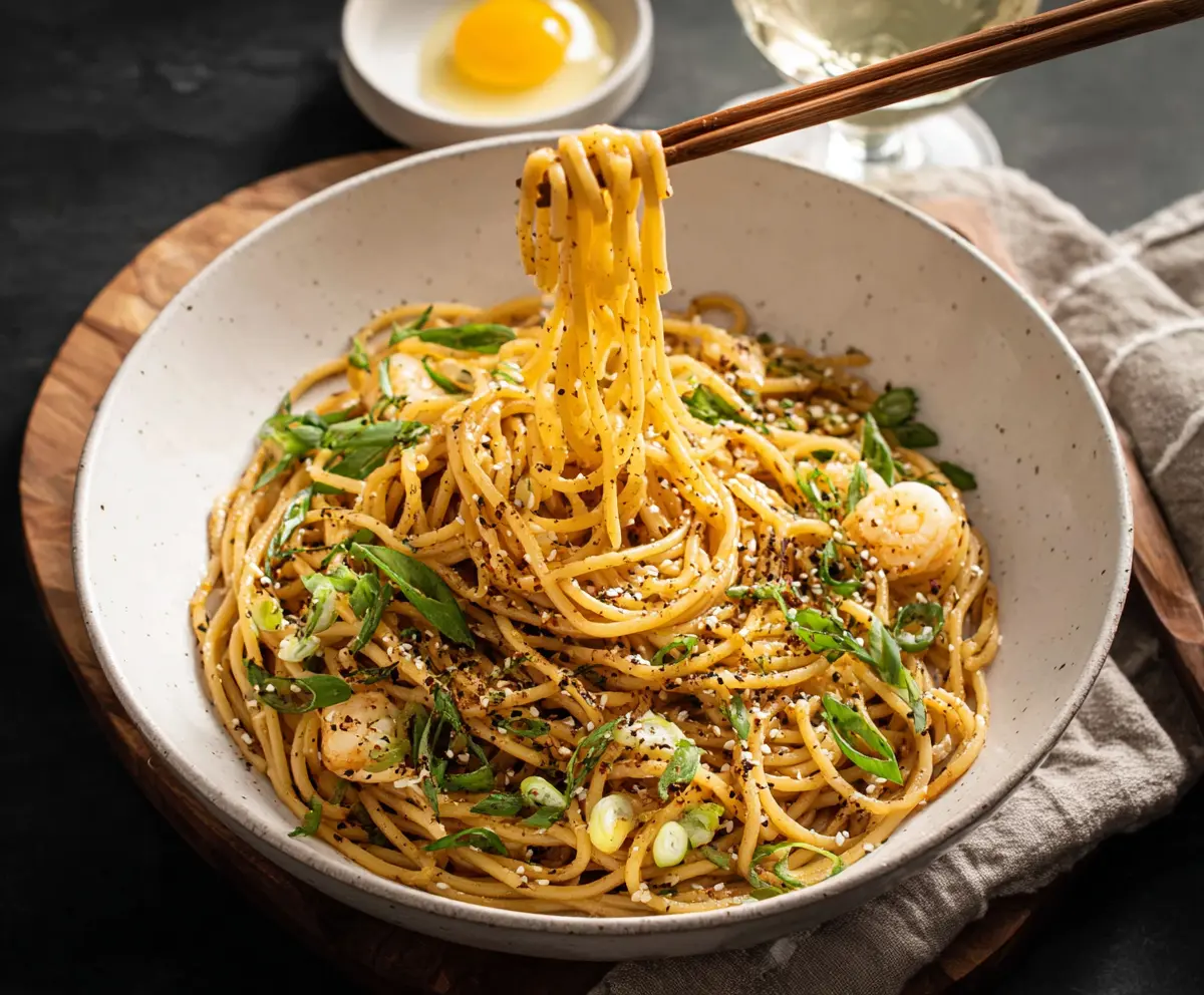 Plate of flavorful Vietnamese Garlic Noodles garnished with herbs and fried garlic.