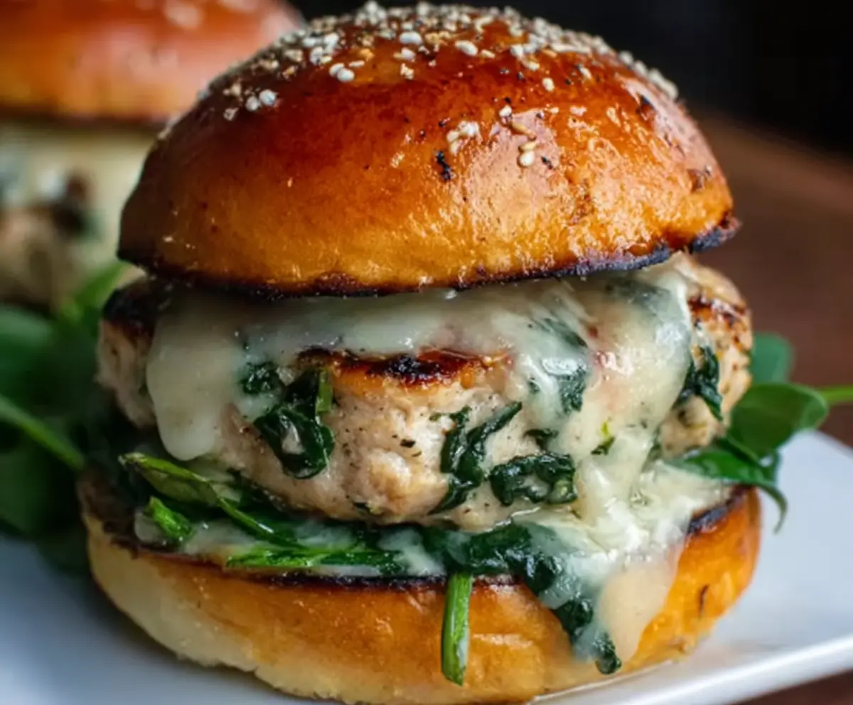 Juicy White Cheddar Spinach Chicken Burgers topped with fresh spinach and melted cheese on a toasted bun.